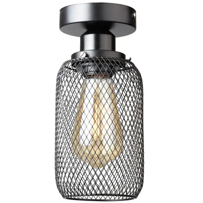 Farmhouse black metal cage ceiling light bedroom mesh design
