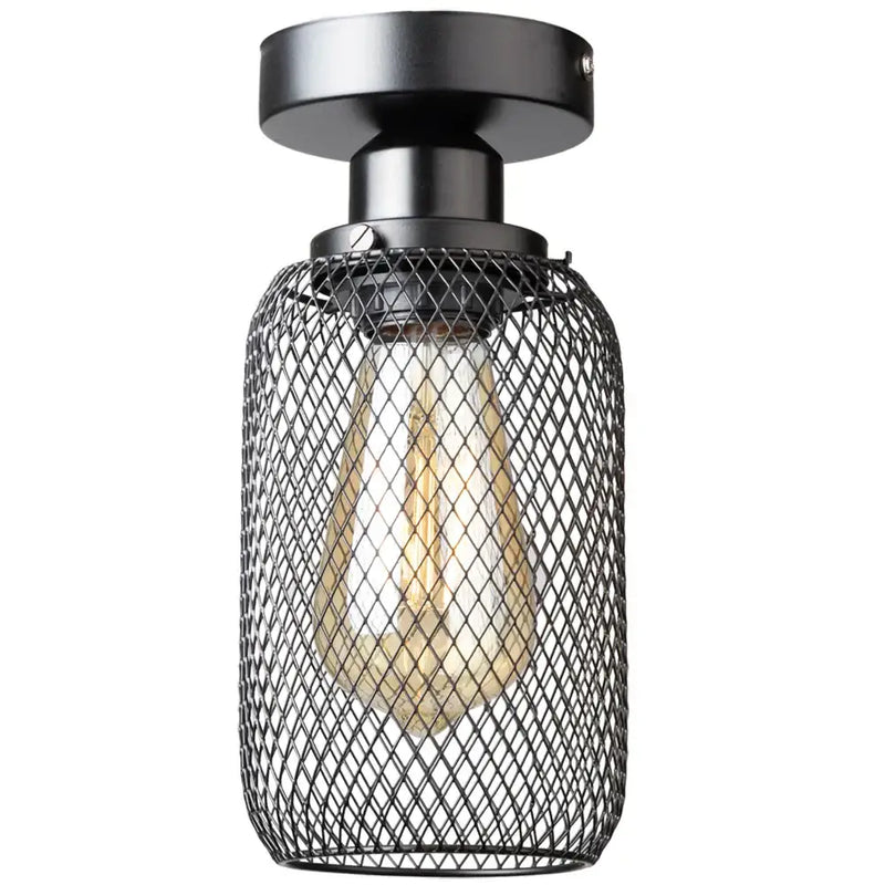 Farmhouse black metal cage ceiling light bedroom mesh design
