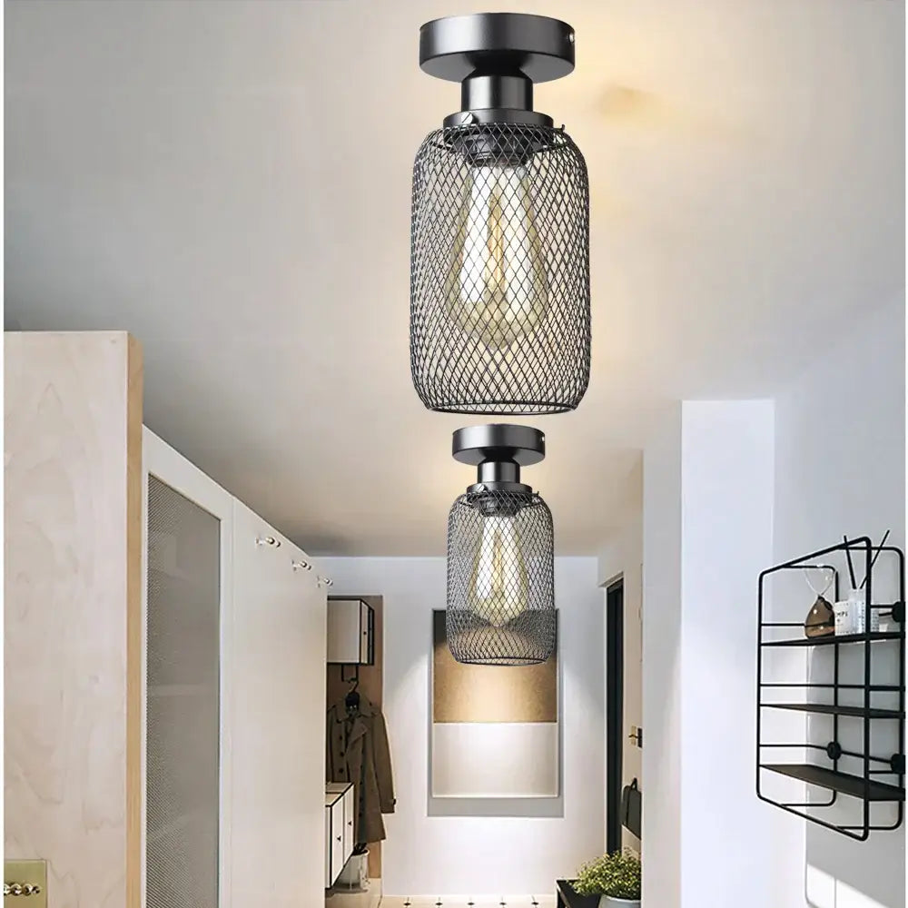 Farmhouse black metal cage ceiling light bedroom mesh design