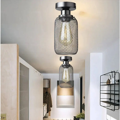 Farmhouse black metal cage ceiling light bedroom mesh design
