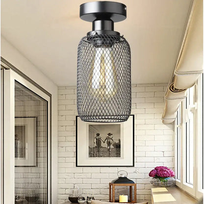 Farmhouse black metal cage ceiling light bedroom mesh design