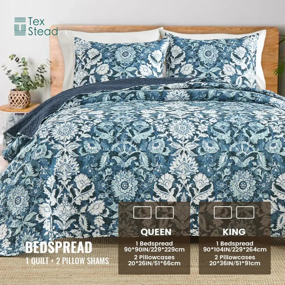 Farmhouse blue & white floral quilted bedding set bedroom decor