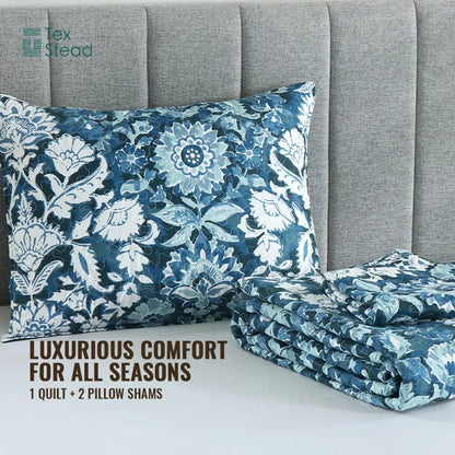 Farmhouse blue & white floral quilted bedding set bedroom decor