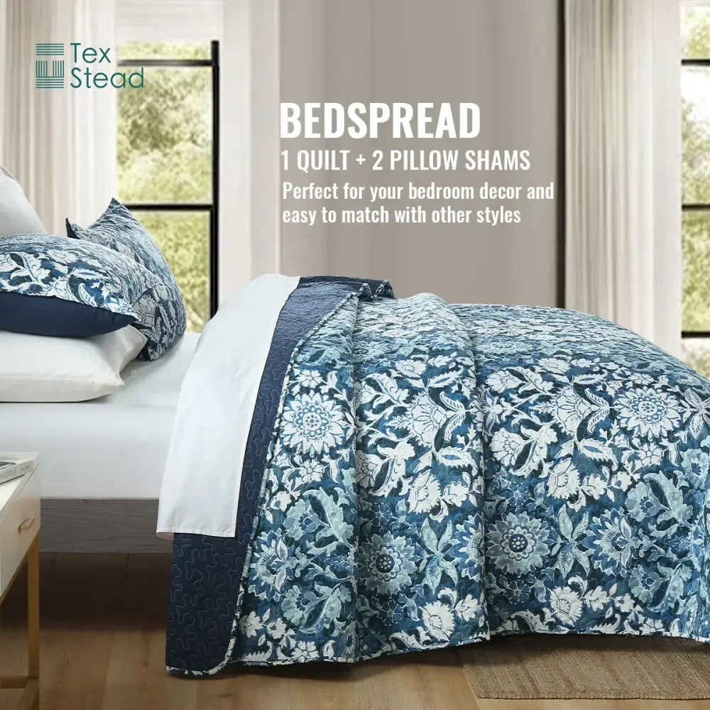 Farmhouse blue & white floral quilted bedding set bedroom decor