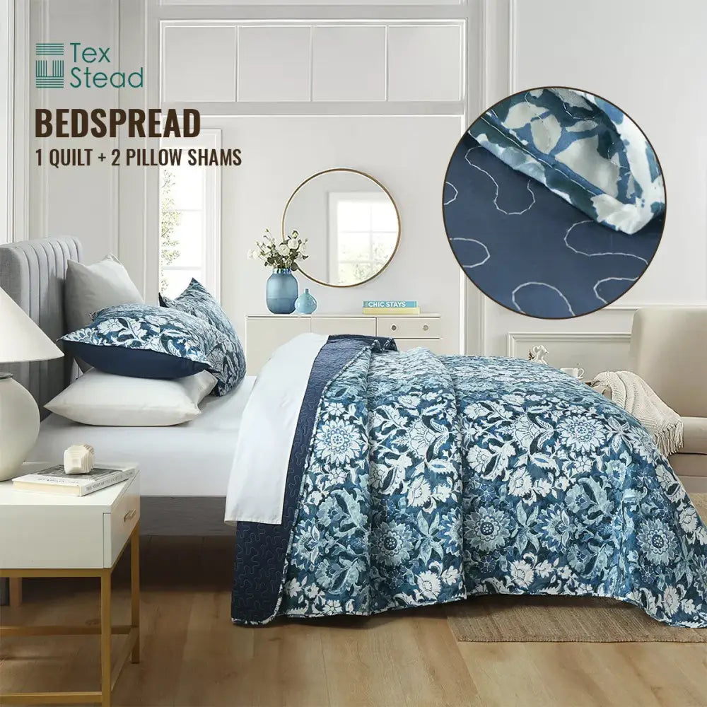 Farmhouse blue & white floral quilted bedding set bedroom decor