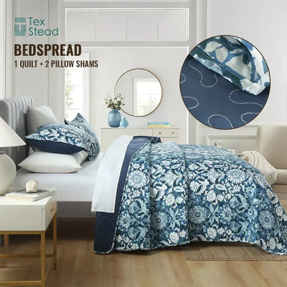Farmhouse blue & white floral quilted bedding set bedroom decor