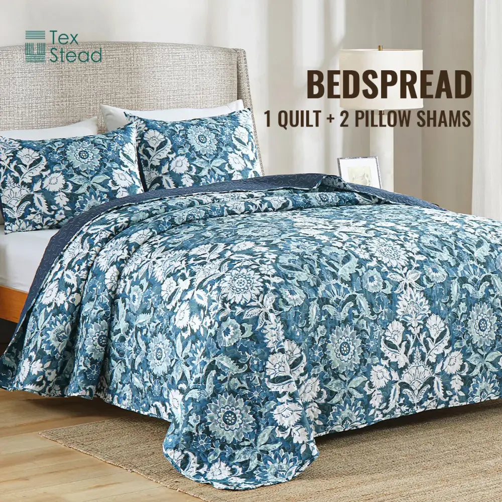 Farmhouse blue & white floral quilted bedding set bedroom decor