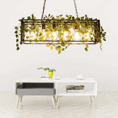 Farmhouse bronze wrought iron hanging lamp with ivy for dining room