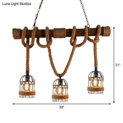 DecorBites™ Farmhouse Brown Iron Bird Cage Pendant with Rope and Wood Pole - Set of 3 Bulbs