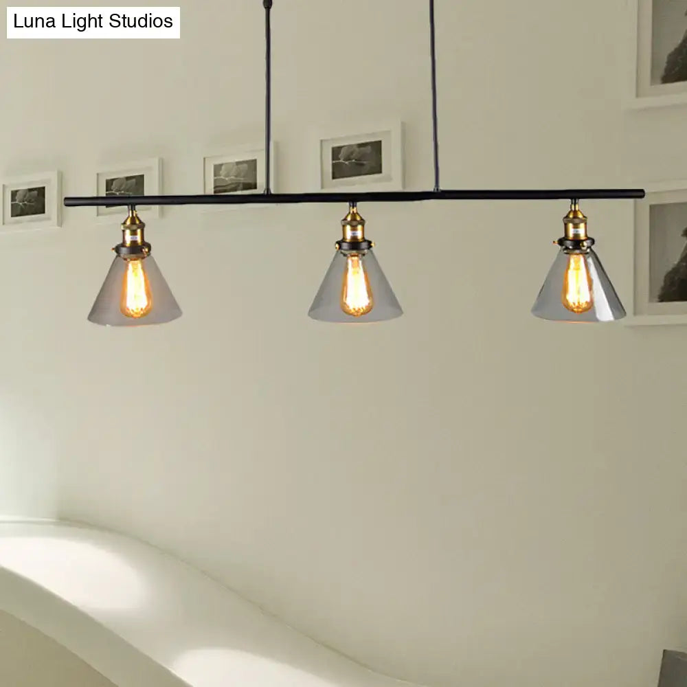 Farmhouse cone black and brass clear glass 3 light kitchen pendant