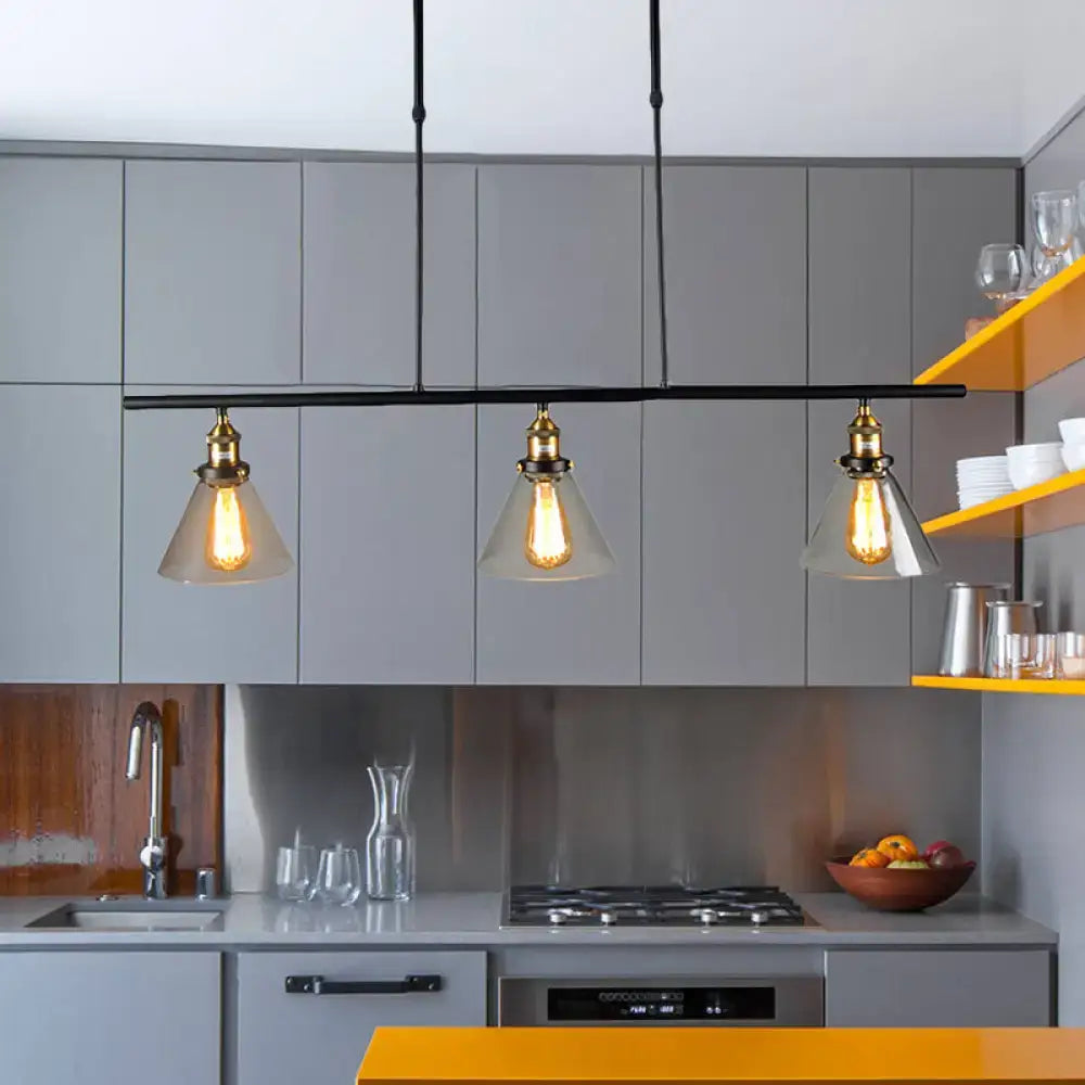 Farmhouse cone black and brass clear glass 3 light kitchen pendant