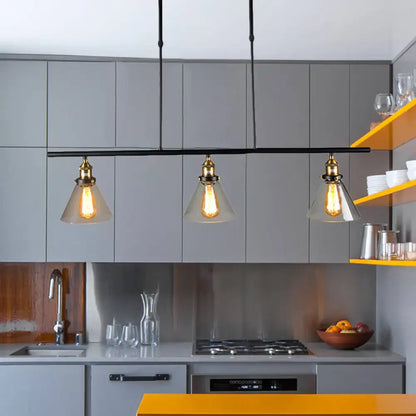 Farmhouse cone black and brass clear glass 3 light kitchen pendant