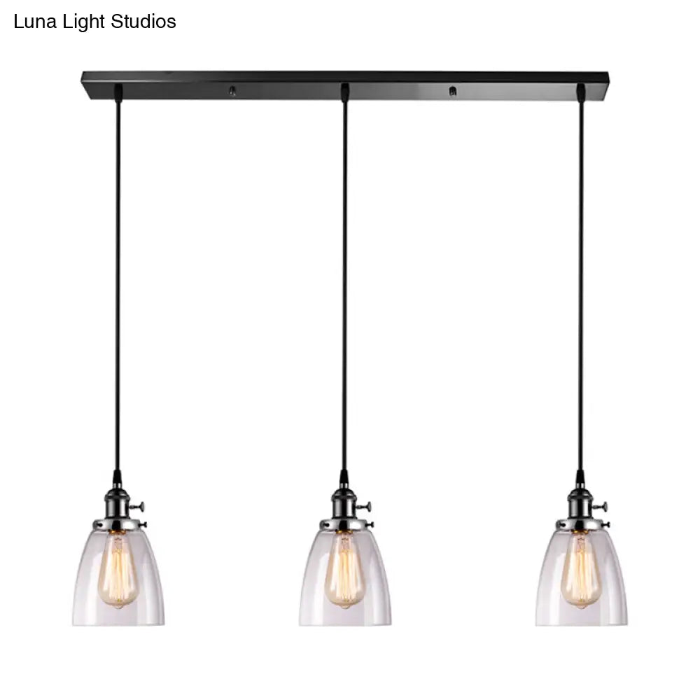 DecorBites™ Farmhouse Multi-Pendant Light Fixture with Ribbed Clear Glass Shades for Dining Room: Linear Canopy, 3 Cone Lights