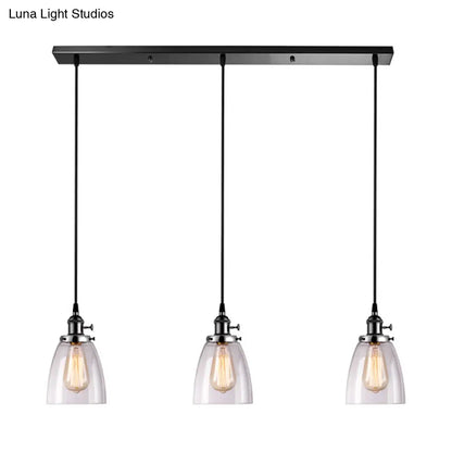 DecorBites™ Farmhouse Multi-Pendant Light Fixture with Ribbed Clear Glass Shades for Dining Room: Linear Canopy, 3 Cone Lights