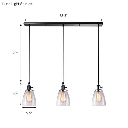 DecorBites™ Farmhouse Multi-Pendant Light Fixture with Ribbed Clear Glass Shades for Dining Room: Linear Canopy, 3 Cone Lights