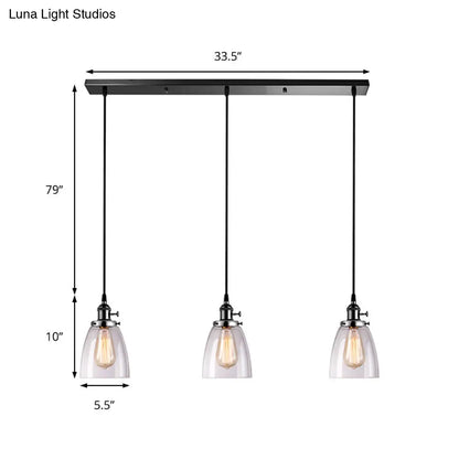 DecorBites™ Farmhouse Multi-Pendant Light Fixture with Ribbed Clear Glass Shades for Dining Room: Linear Canopy, 3 Cone Lights