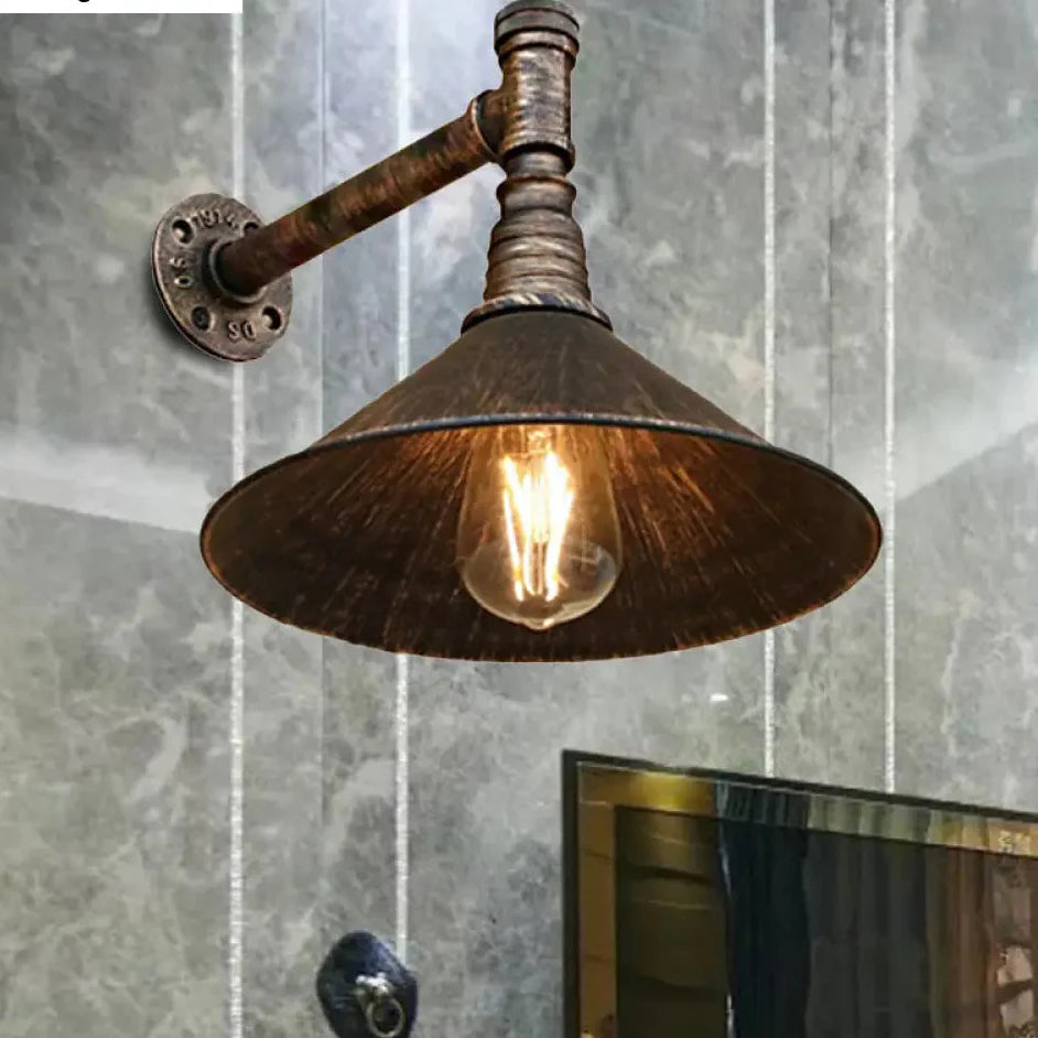 DecorBites™ Farmhouse Style Antique Brass Wall Sconce with Metallic Cone & Pipe - 1 Head Dining Room Lighting