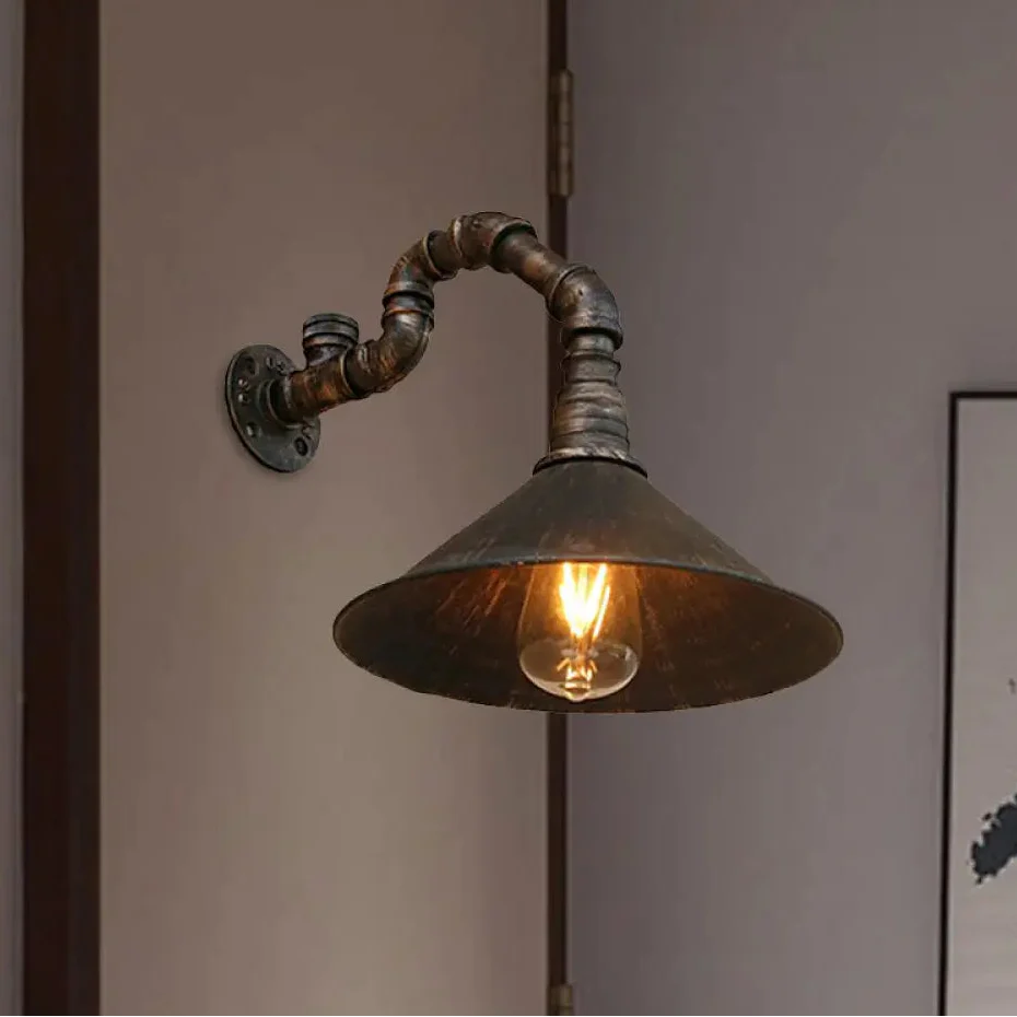 DecorBites™ Farmhouse Style Antique Brass Wall Sconce with Metallic Cone & Pipe - 1 Head Dining Room Lighting