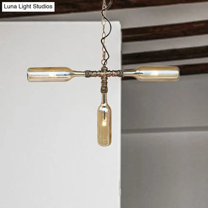 DecorBites™ Farmhouse Style Smoke Gray/Blue Bottle Ceiling Lighting - Glass Hanging Lamp (3/4/5 Lights) in Aged Silver/Black