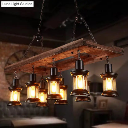 Farmhouse wood and black clear glass lantern kitchen island light