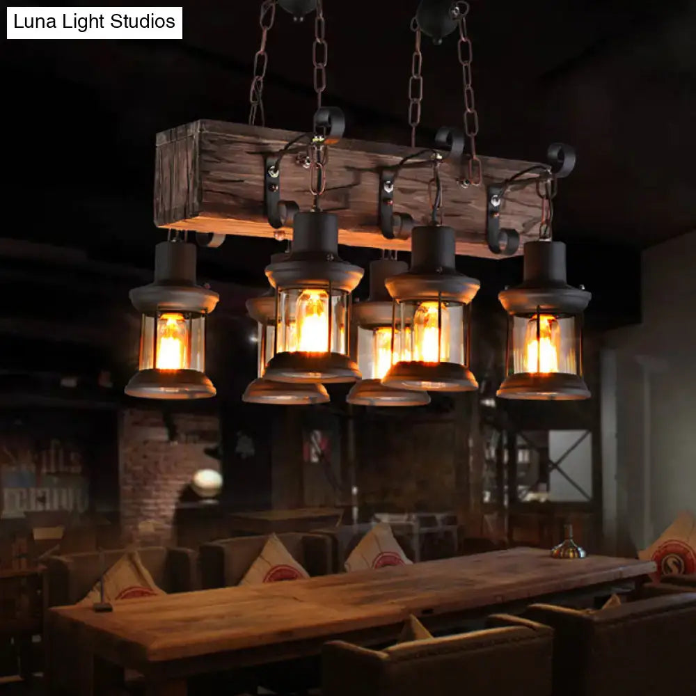 Farmhouse wood and black lantern ceiling pendant – dining room
