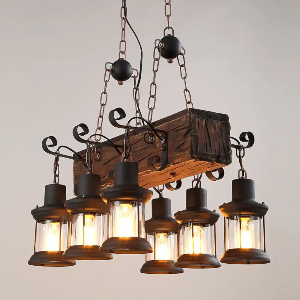 Farmhouse wood and black lantern ceiling pendant – dining room