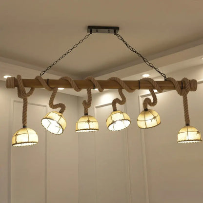 DecorBites™ Farmhouse Wood Bowl Shade Pendant Lighting with 6 Fabric Island Lights for Restaurants