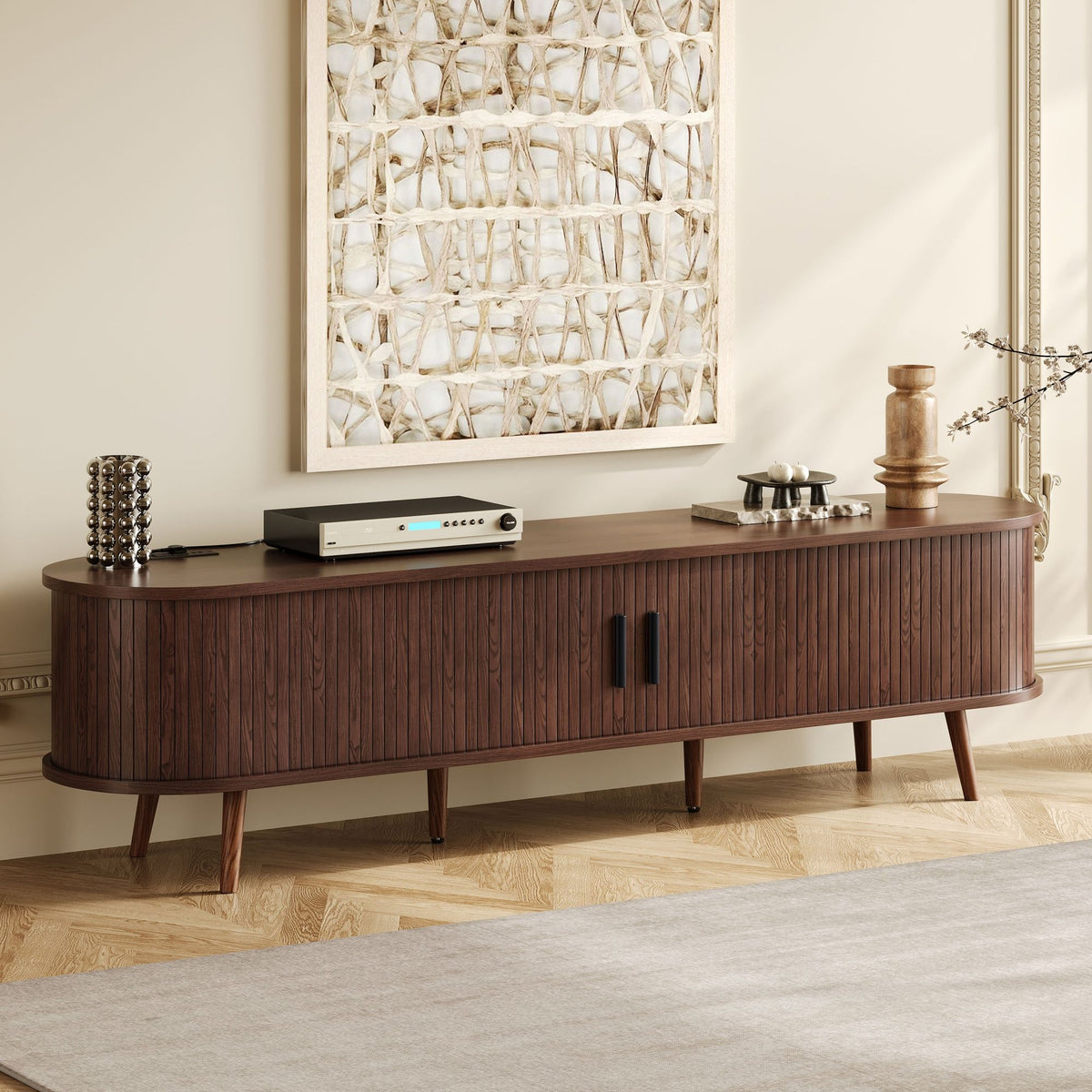 TV Stand For 70" TV, Console With Tambour Doors, Drawers And Built In Power Outlet - Dark Brown