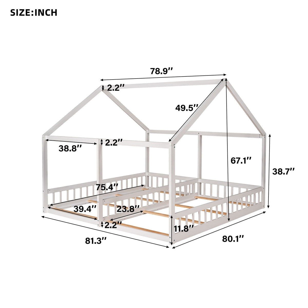 House Platform Beds, 2 Shared Beds, Metal Frame With Guardrails