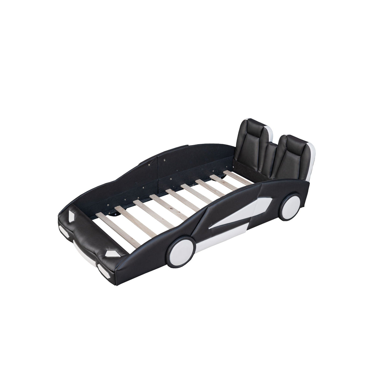 Race Car Shaped Twin Platform Bed With Wheels, Pine Wood Construction