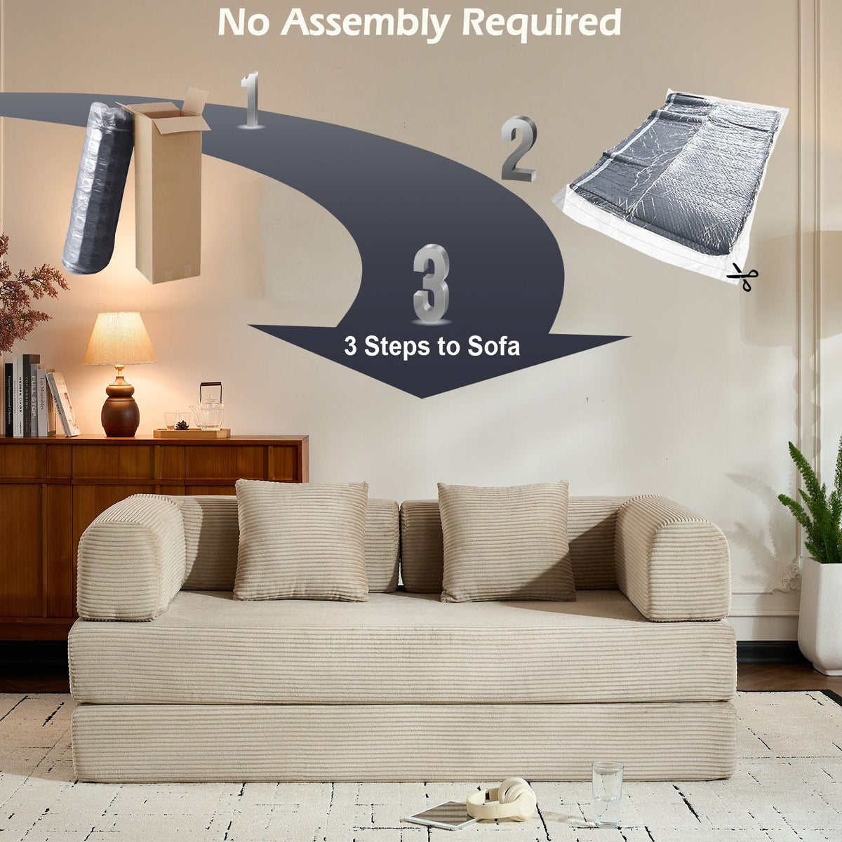 Convertible Sleeper Sofa Bed With Cylindrical Pillow, With Fixed Shape Frame