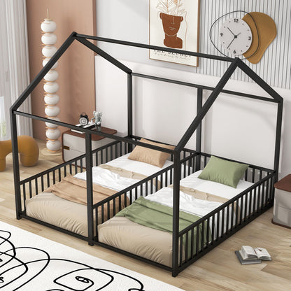 House Platform Beds, 2 Shared Beds, Metal Frame With Guardrails