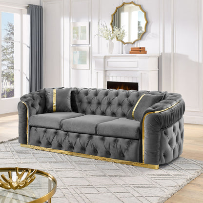 Button Tufted Couch With 2 Pillows, 3 Seater Luxury Chesterfield Sofa