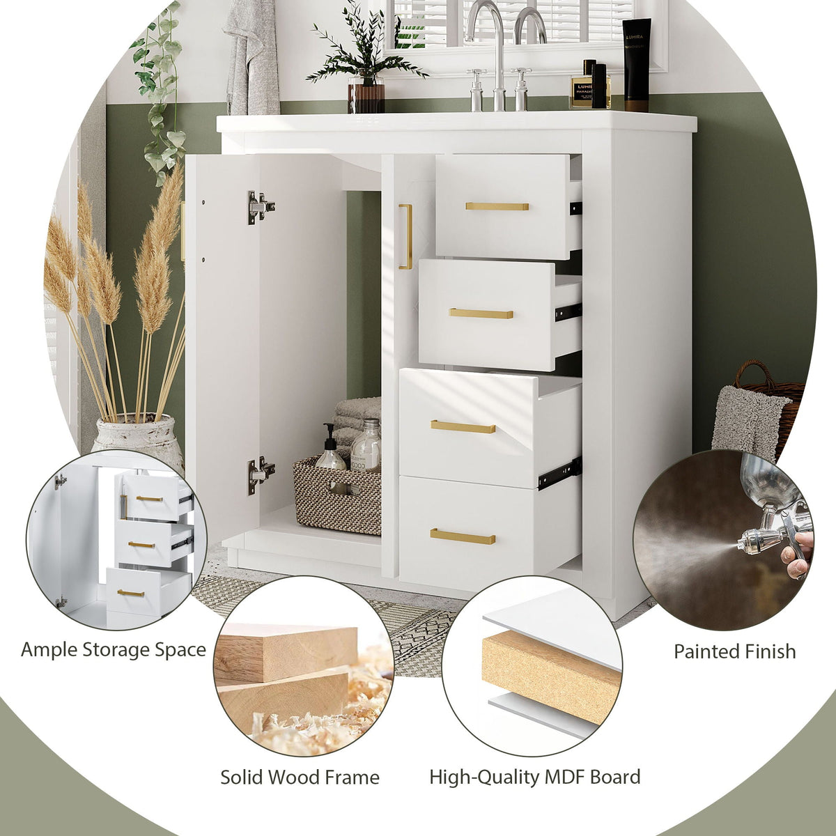 Bathroom Vanity With Sink, Storage Cabinet, Freestanding Set With 3 Drawers & Soft Closing Doors