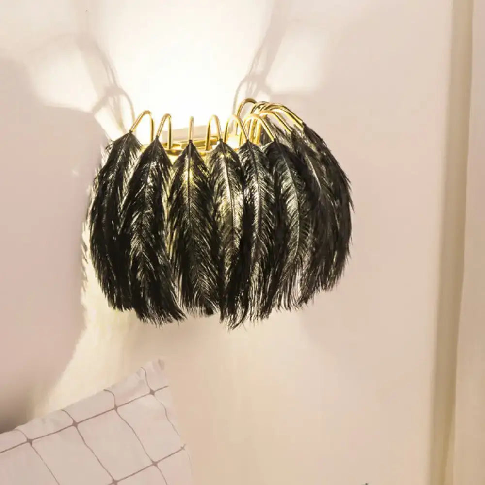 Feather gold wall light fixture bedroom sconce