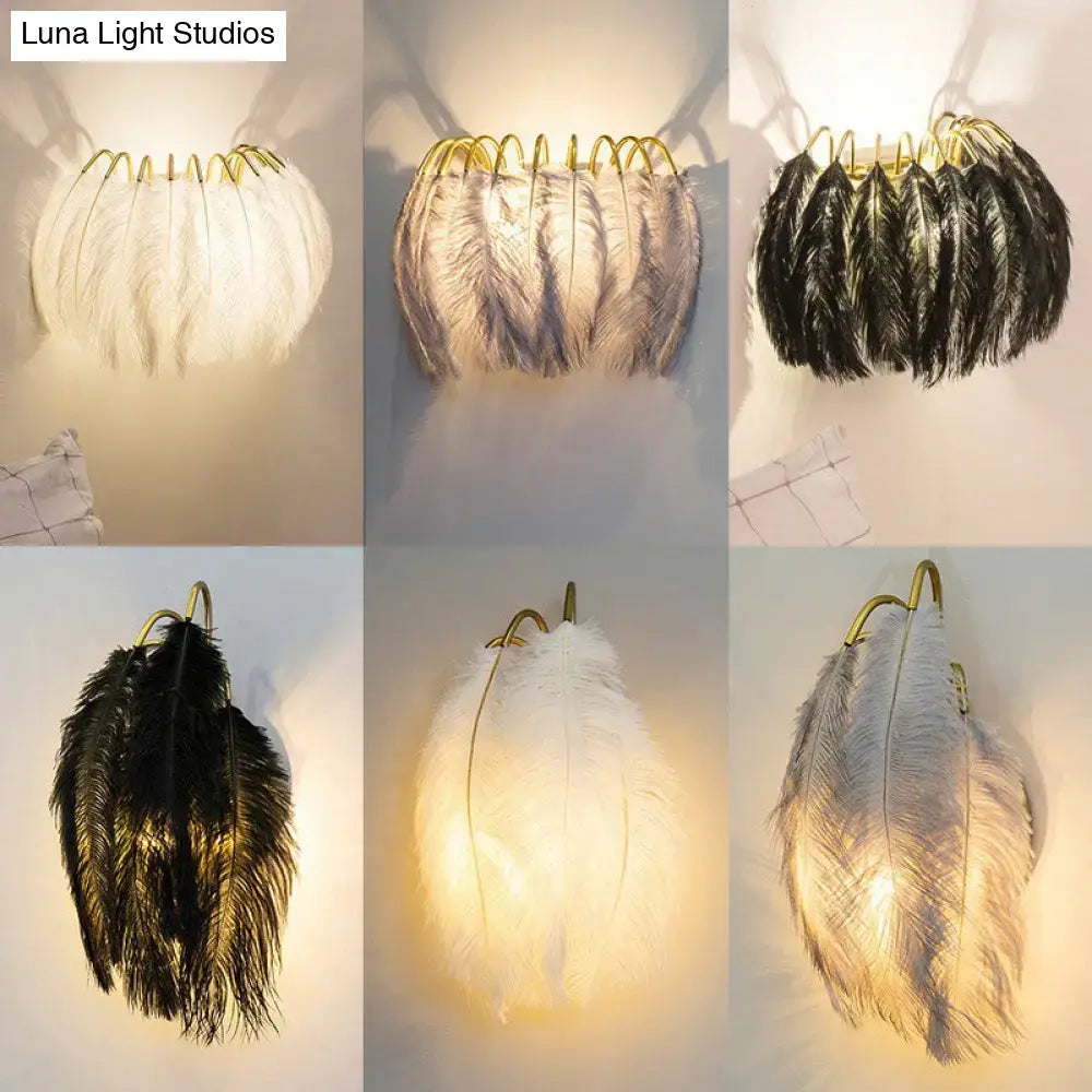 Feather gold wall light fixture bedroom sconce