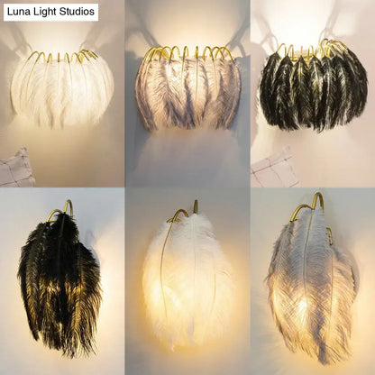 Feather gold wall light fixture bedroom sconce