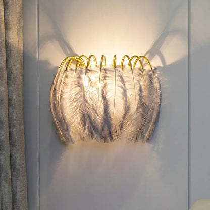 Feather gold wall light fixture bedroom sconce