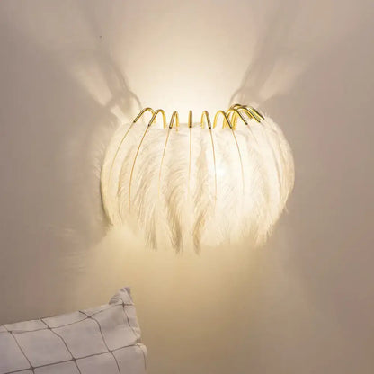 Feather gold wall light fixture bedroom sconce