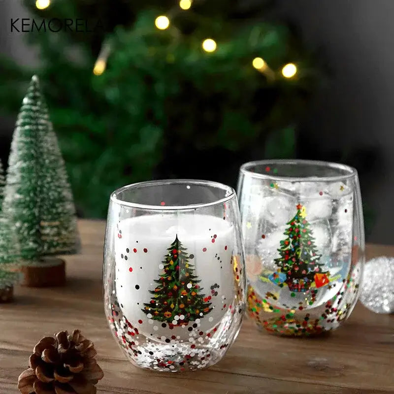 Festive christmas tree double wall glass mug kitchen decor