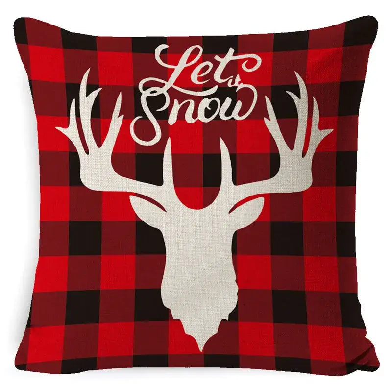 Festive red & black plaid elk print linen pillowcase living room decor