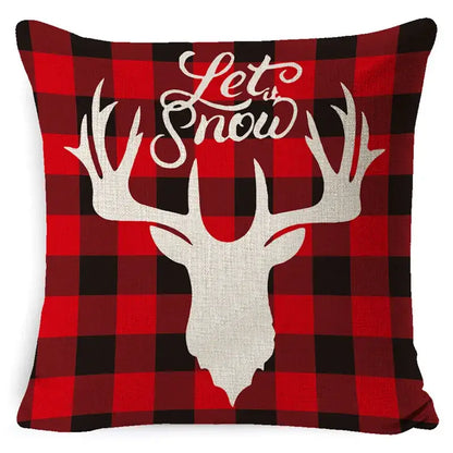 Festive red & black plaid elk print linen pillowcase living room decor