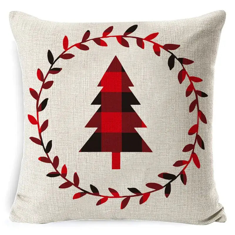 Festive red & black plaid elk print linen pillowcase living room decor