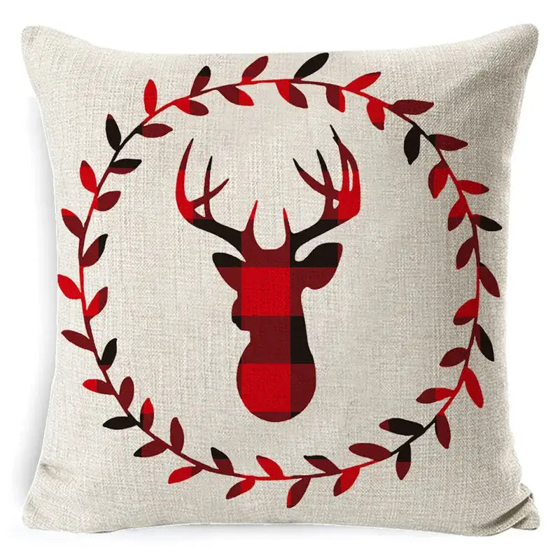Festive red & black plaid elk print linen pillowcase living room decor