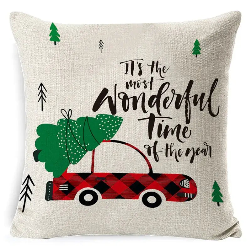 Festive red & black plaid elk print linen pillowcase living room decor