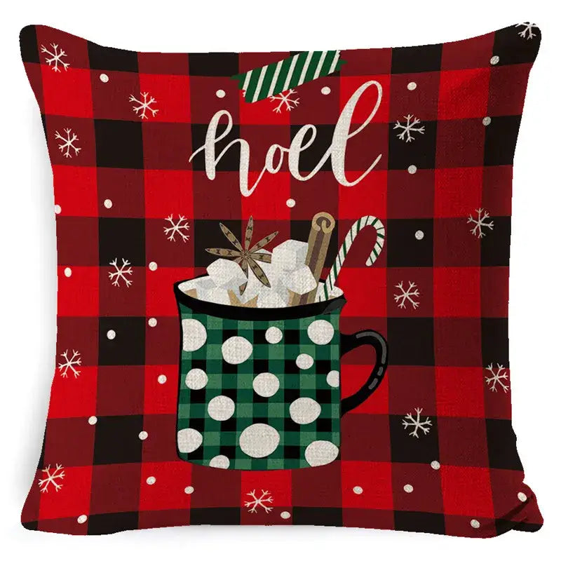 Festive red & black plaid elk print linen pillowcase living room decor