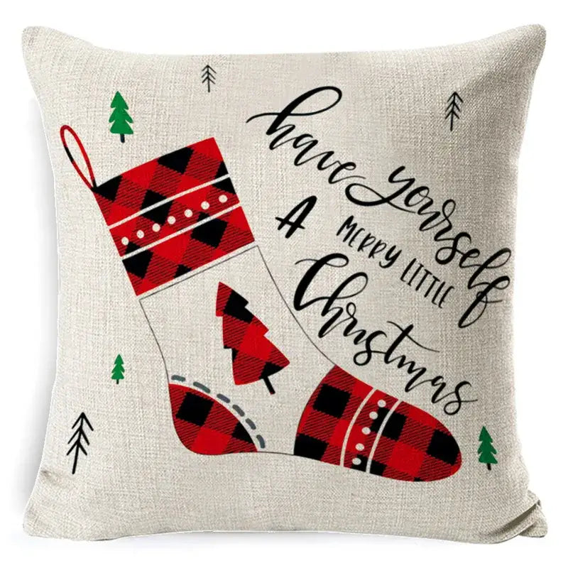 Festive red & black plaid elk print linen pillowcase living room decor