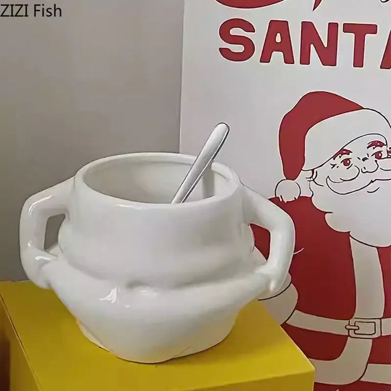 Festive white santa claus ceramic mug set dining room soup bowl