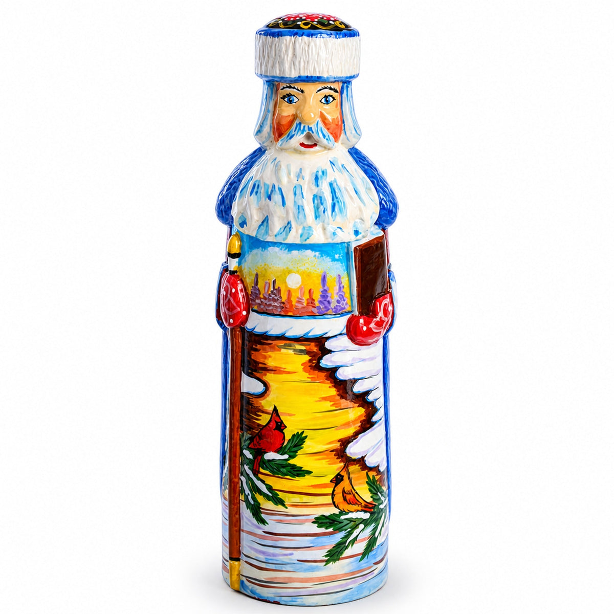 Hand Carved Ukrainian Santa with Cardinals Figurine 7.25 Inches