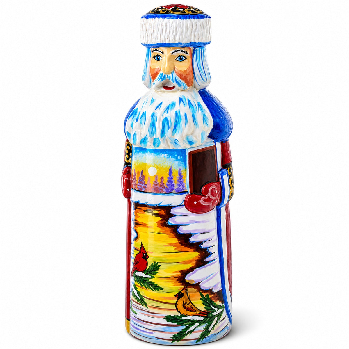 Hand Carved Ukrainian Santa with Cardinals Figurine 7.25 Inches